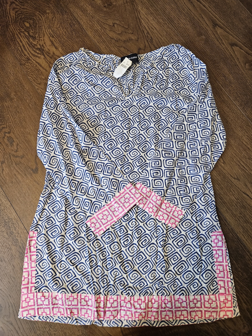 French Curve Blue & White Geometric Tunic with Pink Trim